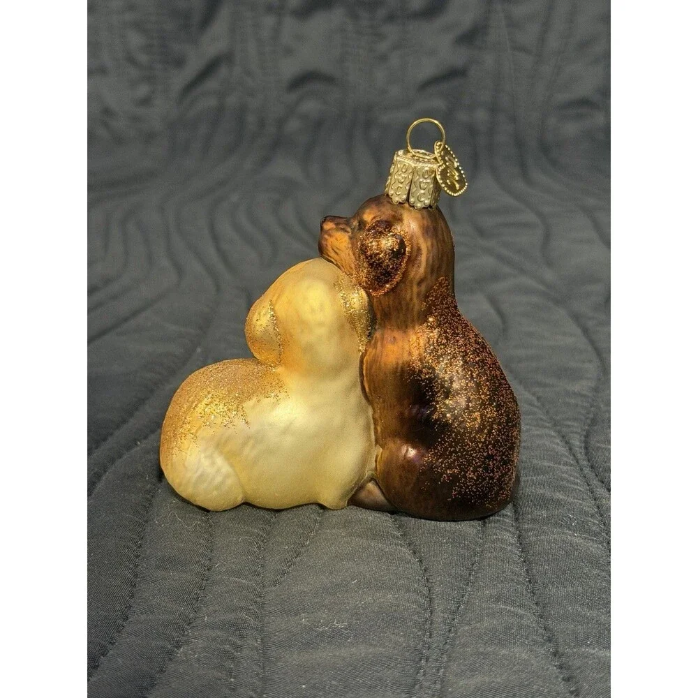 Merck Family Old World Christmas Glass Dog Ornament Brown & Golden w/ Box Bookle